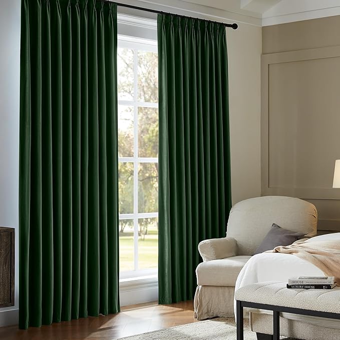 Pinch Pleated 100% Blackout Curtains for Bedroom, Olive Green Velvet Curtains for Living Room, Black Out Curtain 90 inch Long Room Darkening, Blackout Pinch Pleat Drapes with Hooks 2 Panels