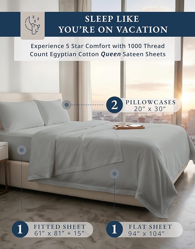 100% Egyptian Cotton Sheets Queen Size Set – 1000 Thread Count Silky Sateen Weave Sheets, 15" Secure Fit Deep Pocket Queen Sheet Set, Naturally Breathable, Hotel-Quality Luxury You Can Feel - Silver