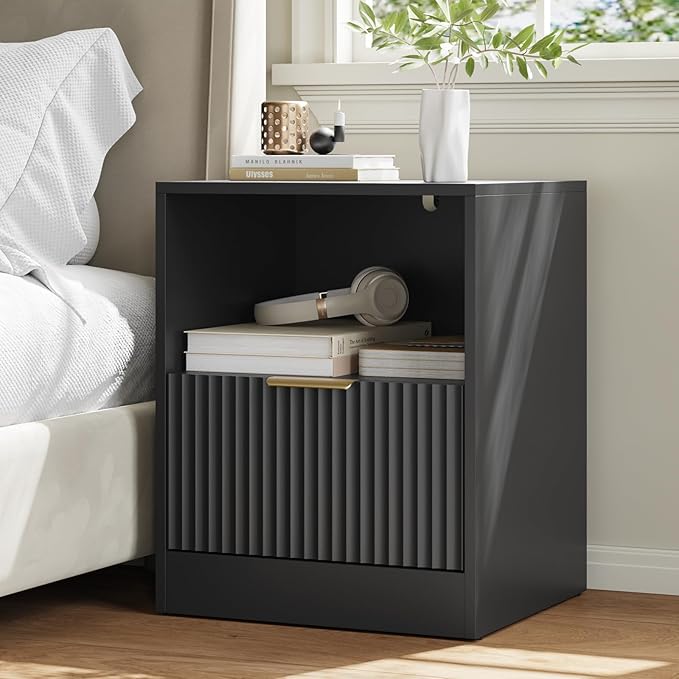 3-Piece Fluted Black Dresser and Nightstand Set, 63” Wide Bedroom Dresser Set Night Stand Set of 2 with Metal Handle, Modern Wood Chest of Drawers Storage Dressers Set for Bedroom, Black
