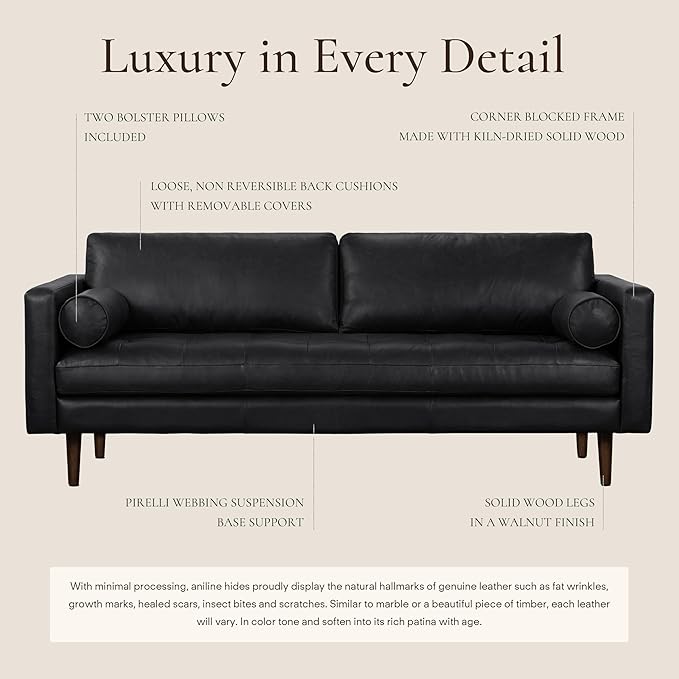POLY & BARK Napa 88.5" Leather Sofa – Full-Grain Italian-Tanned Aniline Leather, Feather-Down Comfort, Solid Wood Frame, Walnut Legs, Onyx Black