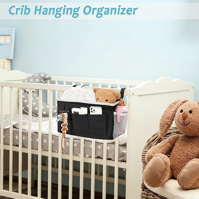 Loghot Bedside Caddy/Bedside Storage Bag Hanging Organizer for Bunk and Hospital Beds,Dorm Rooms Bed Rails,Can be Placed Glasses,Books,Mobile Phones,Keys (Black)
