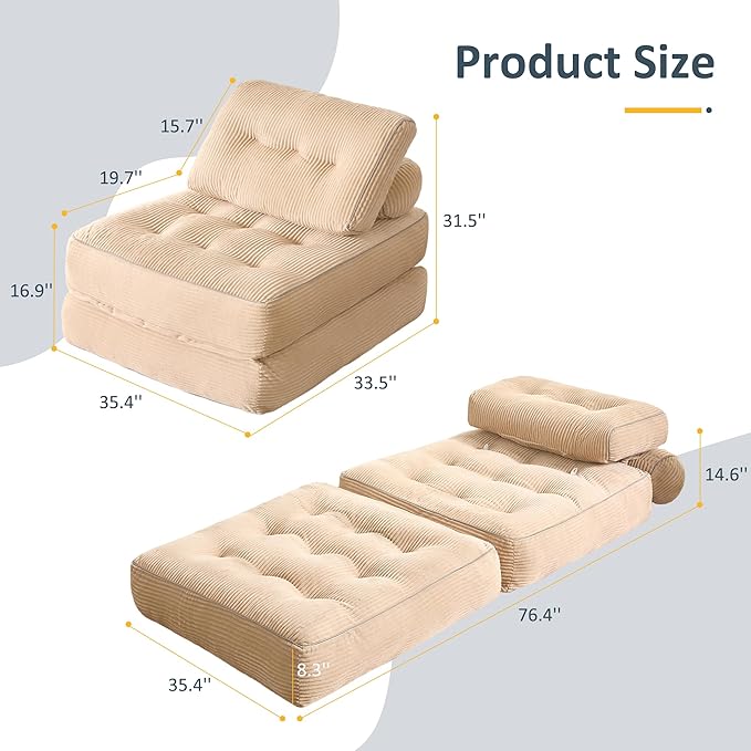 Folding Chair Bed, Futon Sofa Bed, Floor Couch for Adults Chair Bed for Living Room, Lounge Sofa, Convertible Sofa Bed, Small Couches for Small Spaces, Camel
