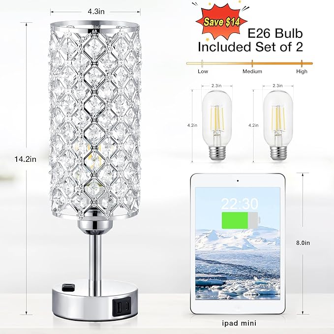 Hong-in Crystal Lamp Touch Control Set of 2, Sliver Crystal Table Lamps with USB C+A Ports & AC Outlet, 3-Way Dimmable Nightstand Touch Lamp, Modern Bedside Table Lamp for Bedroom(Bulbs Included)