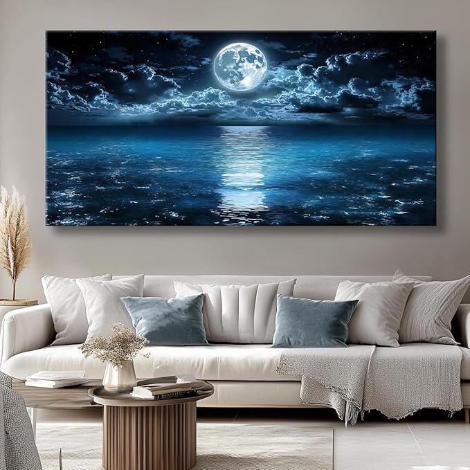 Huaaliunn Big Moon Canvas Wall Art - Modern Seascape Paintings for Living Room, Bedroom Wall Decor, Art for Home or Office Decoration, Large Wall Art 71"x36"