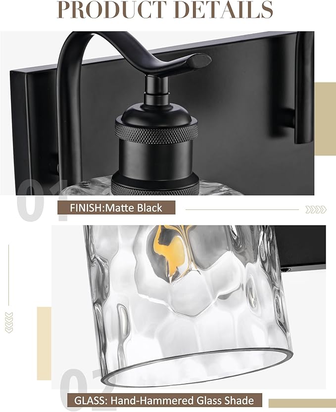 Bathroom Vanity Light Fixtures Over Mirror 3-Light Hammered Glass Wall Mounted Modern Black - VL01BKH-3