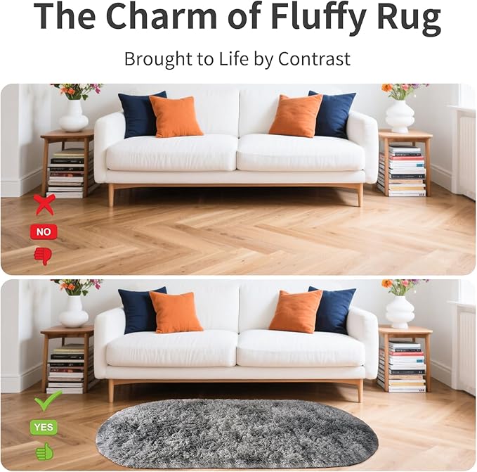 Noahas Oval Fluffy Grey Rainbow Rug 2.6X5.3 Small Kids Rugs for Bedroom Girls And Boys Aesthetic,Bedside Bedroom Rug,Ultra Soft Runner Carpet Modern Shaggy Nursery Area Rugs Home Deco