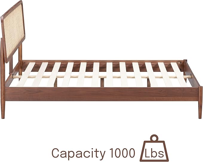NTC Lupin Wooden Bed Frame with Headboard and Natural Rattan, Solid Oak/Rubber Wood Foundation with Silent Slats, 1000 Lb Capacity, Effortless Assembly (Natural Cane - Dark Walnut, Queen)