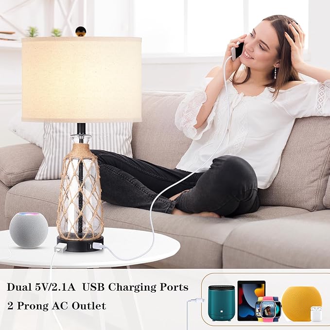 25.5" Coastal Glass Table Lamps Set of 2, 3-Way Dimmable Touch Control Bedside Lamps with 2 USB Ports and AC Outlet, Clear Nautical Nightstand Lamp for Bedroom Living Room (LED Bulbs Included)