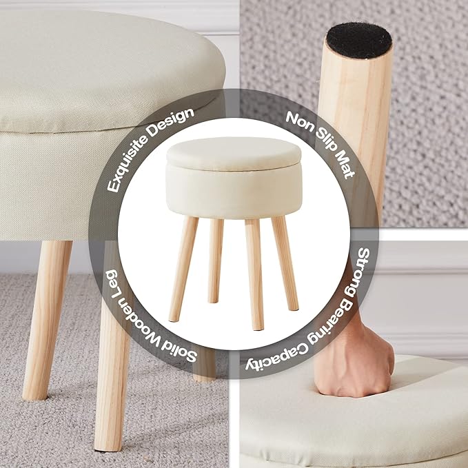 Mxfurhawa Storage Ottoman Linen Round Vanity Stool Tray Top Modern Foot Stool with Wood Legs Multifunctional Upholstered Foot Ottoman Rest for Living Room, Bathroom, Makeup (White)
