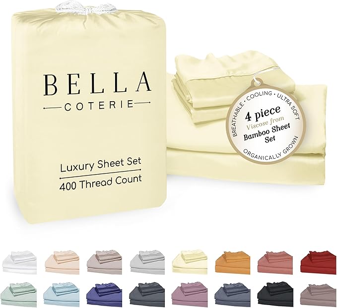 Bella Coterie Luxury Bamboo Viscose Cal King Size Sheet Set | 100% Organically Grown | Ultra Soft | Cooling for Hot Sleepers | 18" Deep Pocket [Lemonade]