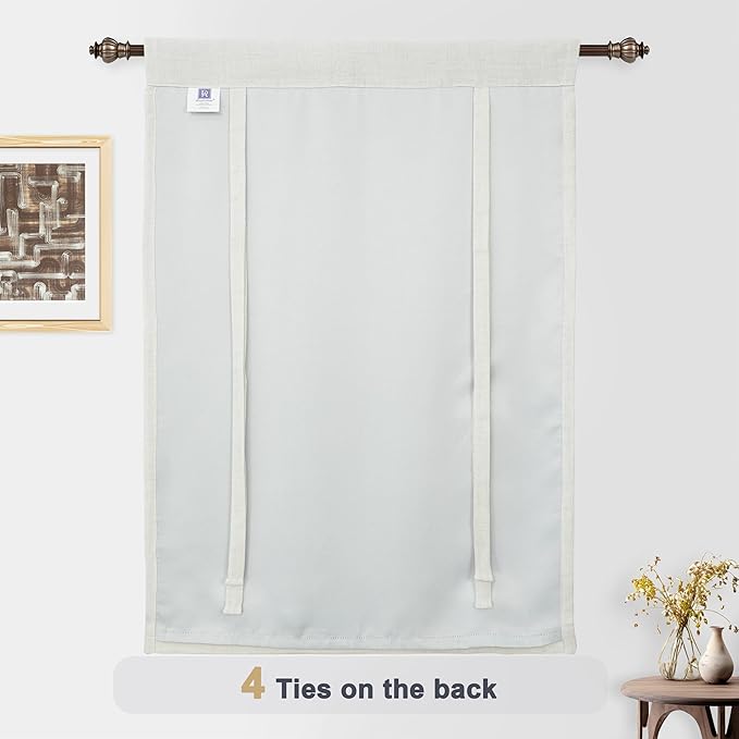 DriftAway Double Layer Linen Blackout Tie Up Curtains Thermal Insulated Fully Lined Balloon Roman Shade Bathroom Window Adjustable Rod Pocket for Small Window 45 Inch by 63 Inch Ivory Cream