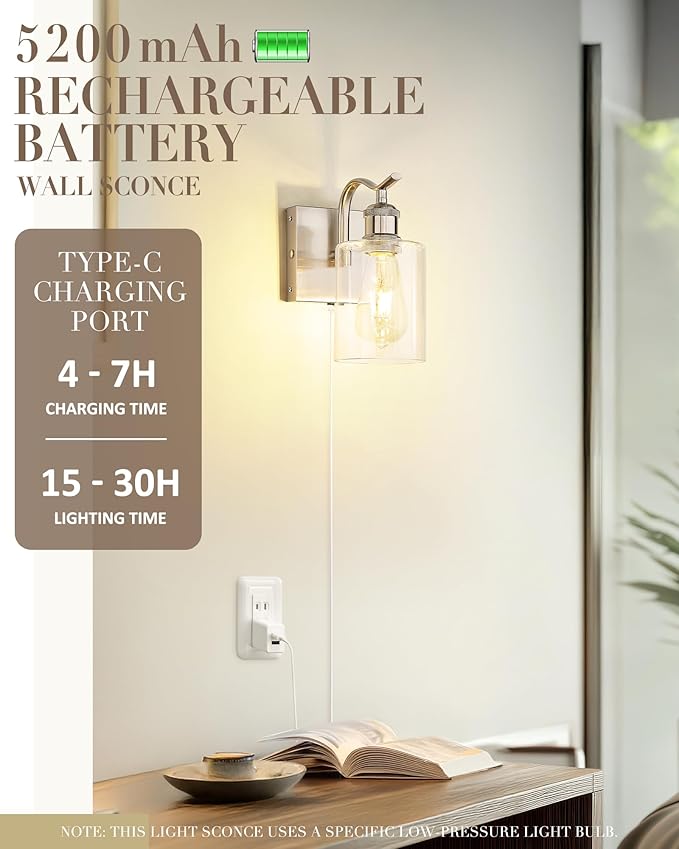 Battery Operated Wall Sconces Set of 2, Brushed Nickel Rechargeable Wall Lights with 5200mAh Battery and Touch Control, Dimmable Wireless Sconce Lamp for Bedroom Hallway Bathroom ZCVL01BN-1A-2P