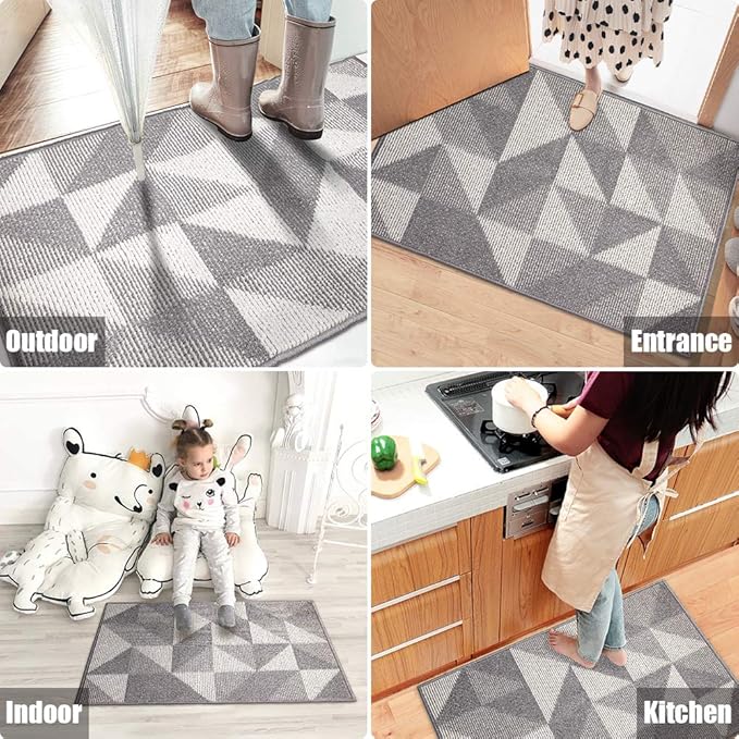 Indoor Doormat 32"x 48", Absorbent Front Back Door Mat, Rubber Backing Non Slip Floor Mats Inside Mud Dirt Trapper Outside Entrance Front Door Rug Carpet, Machine Washable Low Profile - Grey Geome