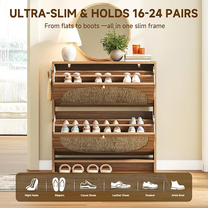 Nicetree Rattan Arched Accent Shoe Storage Cabinet - Freestanding Ultra Slim for Entryway, 2 Flip Drawers & 3-Tier Adjustable Shelves, Farmhouse Modern Rustic Shoe Rack for Hallway, Foyer, Living Room