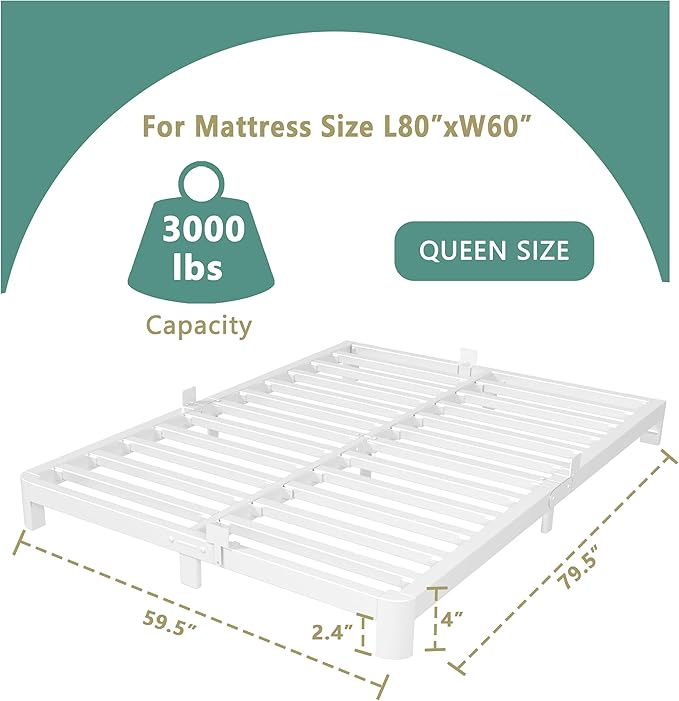 ITIMIDI 4 Inch White Queen Bed Frame, Metal Platform Bed Frames with Metal Gaskets, Heavy Duty Steel Support 3000 LBS, No Box Spring Needed, Anti-Slip Mattress Stopper, Easy Assembly