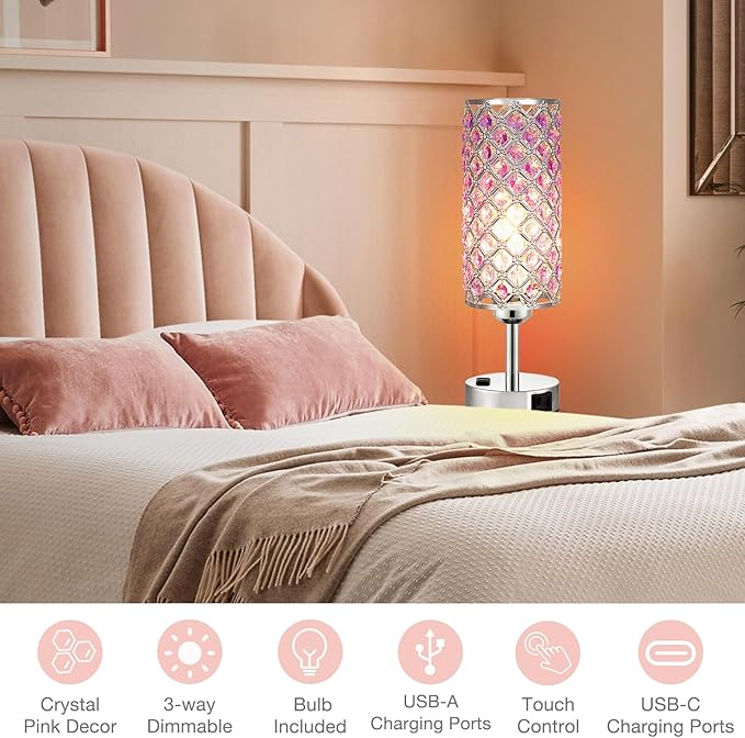 Hong-in Crystal Lamps Set of 2, 3 Way Dimmable Touch Lamp with Crystal Shade, Bedside Nightstand Lamps for Living Room Bedroom Home Office(Purple)