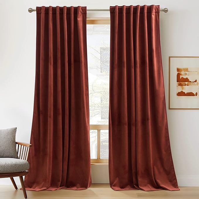 RYB HOME Rust Red Velvet Curtains 102 inches, Back Tab Soft Fabric Room Darkening Thermal Insulated Luxurious Home Decor Curtains for Living Room Bedroom, W 52" x L 102", 2 Panels Set