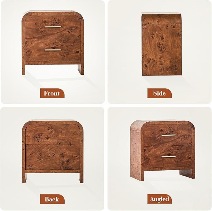 Night Stand [Unique Curved Profile] [FSC-Certified Wooden Board] 2-Drawer Nightstand 24" H Metal Handle Modern Sturdy Bedside Table Side Table End Table