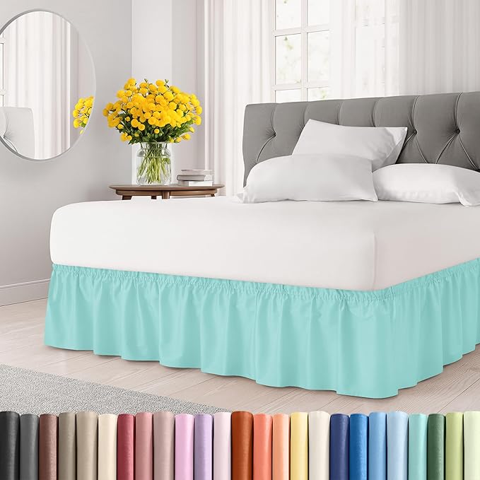 Wrap Around Dust Ruffle Bed Skirt - Spa Blue - for Full Size Beds with 21 Inch Drop - Easy Fit Elastic Strap - Adjustable Pleated Bedskirt w/Brushed Fabric Wrinkle Free - for Women, Men, Kids & Teens