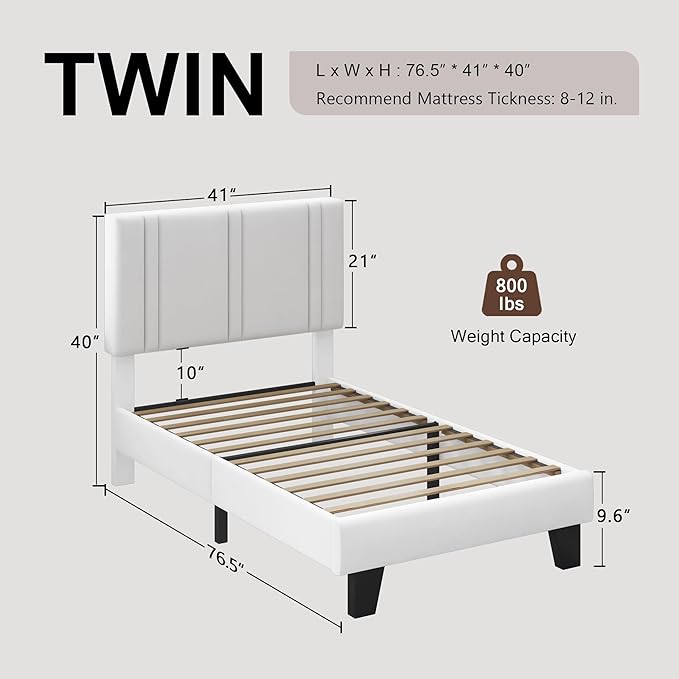 Upholstered Twin Size Bed Frame with Velvet Fabric Headboard, Strong Wooden Slats Support, Noise Free, No Box Spring Needed, White