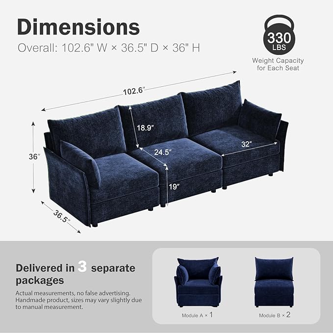 ABCASA 102.6" Modular Sectional Sofa, Oversized 3-Seater Blue Couch with Removable Chenille Fabric Cover, Deep Seat & High Backrest for Living Room, Office & Apartment