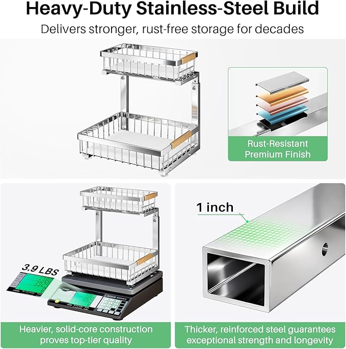 Under Sink Organizer, Stainless Steel 2 Packs 2 Tier Under Sink Organizers and Storage, Slide out Pull out Cabinet Shelf, Sliding Drawer for Kitchen Bathroom Pantry Cabinet Closet Organization Rack