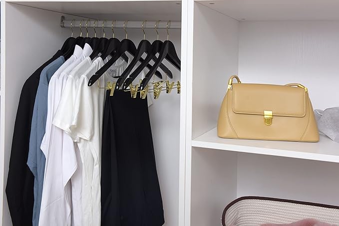 Quality Hangers Quality Wooden Skirt Hangers with Clips 80-Pack Black Pants Adjustable Gold Metal Clips, Swivel Hook, Coat, Jacket, Blouse Suit (Black - 80) 17.5''