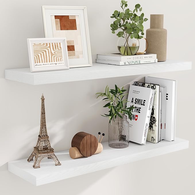 40 Inch Floating Shelves for Wall, 9.3 Inch Deep Shelves for Books & Decor, Wall-Mounted Floating Shelf 40 Inch Long Set of 2, Rustic Wooden Shelf for Living Room, Bedroom, Kitchen, White