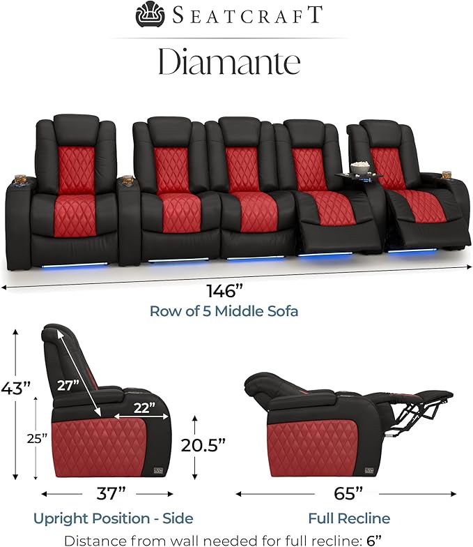 Seatcraft Diamante Zero-Gravity CoolZero Italian Leather Home Theater Seating, Power Headrest, Power Recline, Row of 5 Middle Sofa, Black/Red