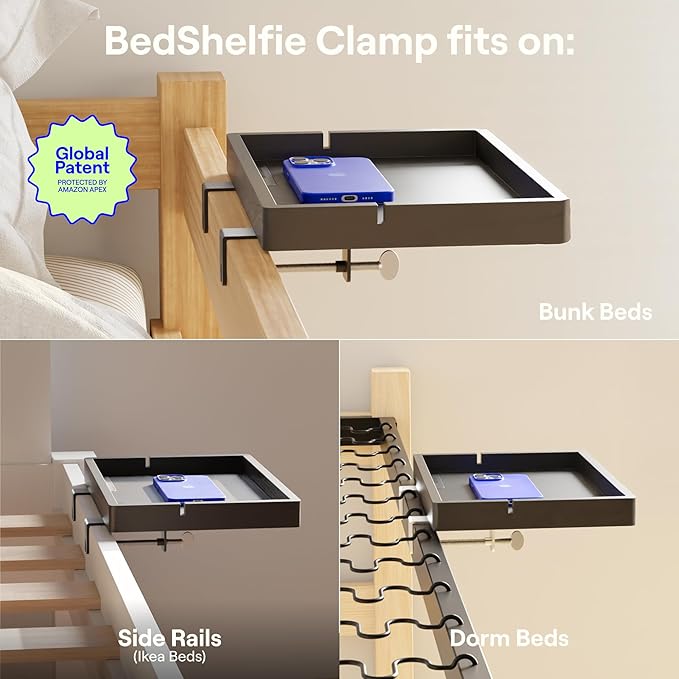 BedShelfie Wood Bedside Shelf for Bunk Bed & Top Bunk, College Dorm Room Essentials, Loft Nightstand, Floating Bed Side Table Tray Storage, Dorm Room Decor by Smallish - (Flexfit Bamboo Model, Black)