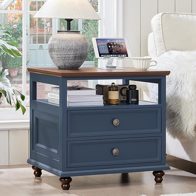 24" Wide Farmhouse Nightstand with Charging Station Set of 2,54" 7 Drawers Dresser, 45" Tall Rustic Chests of 5 Drawers, Farmhouse Furniture Series for Bedroom,DarkBlue