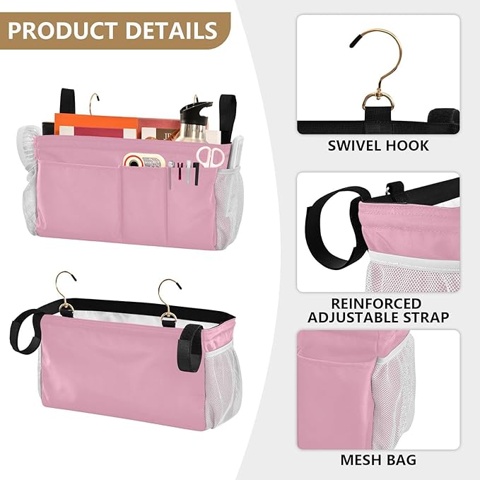 KOPIRIT Rose Red Bedside Caddy Storage Bag Bedside Organizer for Dorm Room Top Bunk Bed Hanging Storage Organizer 6 Pockets with Hooks for Book Glasses Phone Holder