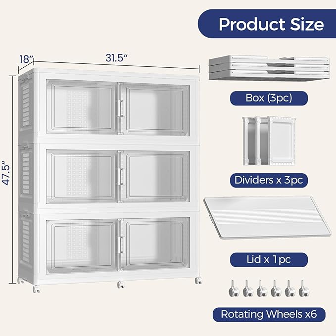 150GAL Storage Bins with Lid and Wheels, Stackable Closet Organizers and Storage Drawer, Collapsible Storage Box with Dividers, Foldable Plastic Cabinets for Room, Kitchen, 3 Pack White