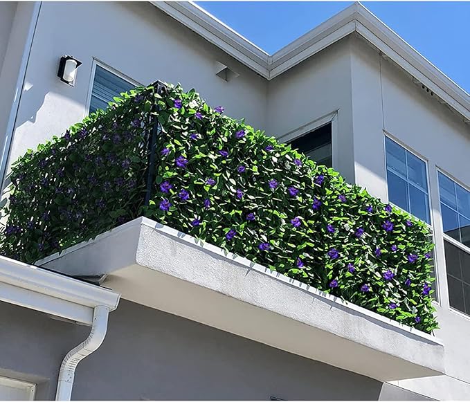 GLANT Expandable Fence Privacy Screen for Balcony Patio Outdoor,Decorative Faux Ivy Fencing Panel,Artificial Hedges (Single Sided Leaves) (4, Purple Flowers)