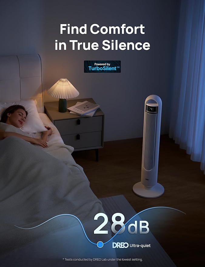 DREO Tower Fan for Bedroom, 4 Speeds, 3 Modes Standing Fans for Room with 90° wide Oscillating, 28dB Quiet for Sleep, 25ft/s Velocity, 29ft Coverage, 8H Timer, Remote, Living Room, Office, Home, White