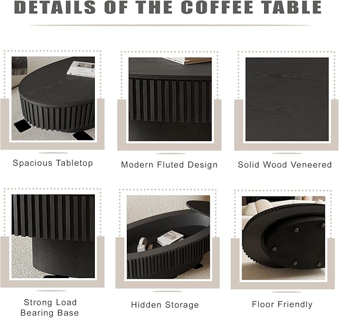 Oval Coffee Table with Storage, Modern Black Coffee Table with Solid Wood Veneered, Fluted Center Table Wood Drum Tea Table for Living Room Apartment, 47.2''L×23.6''W×14.2''H