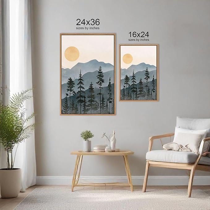 LHIUEM Boho Mountain Framed Canvas Wall Art Set,Forest Pine Tree Wall Decor, Sunrise Misty Wilderness Painting,Watercolor Nature Landscape Artwork for Living Room,Bedroom,Dining Room,Office -24"x36"x3