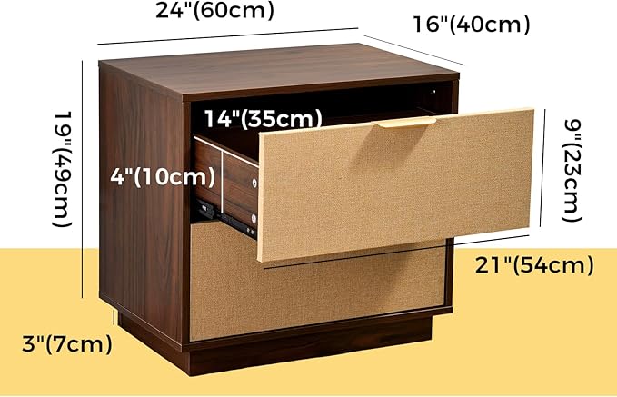 Saint Mossi Rattan Nightstands Set of 2 - Boho Bed Side Tables with 2 Storage Drawers, Mid Century Modern Sofa End Tables for Living Room, Walnut Finish with Golden Handle, W23xD15xH21