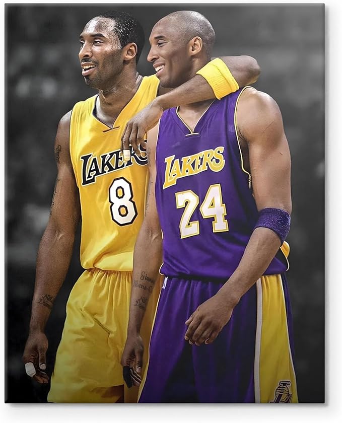 Kobe Bryant Canvas Wall Art Print Poster, Iconic Basketball Player Dual-Era Tribute Artwork, No. 8 and No. 24 Jersey Mamba Mentality Wall Decor for Home Gym Dorm Office Living Room, Framed 24x30inch