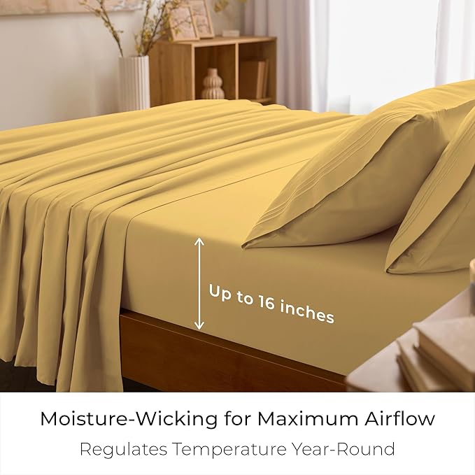 Mellanni Split King Sheet Set - 7-Piece Iconic Collection Bedding, (Including 4 Pillowcases), 16-Inch Deep Pocket, Easy Care, Extra Soft, Cooling Sheets, Brushed Microfiber - Yellow