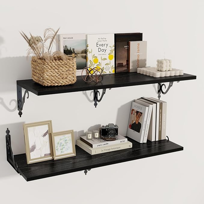 Dreamland Deep Floating Shelves, 36" W x 12" D Wall Shelves Set of 2, Wide Display Shelf Wall Mounted with Brackets, Bookshelf for Living Room, Bathroom, Bedroom, Black