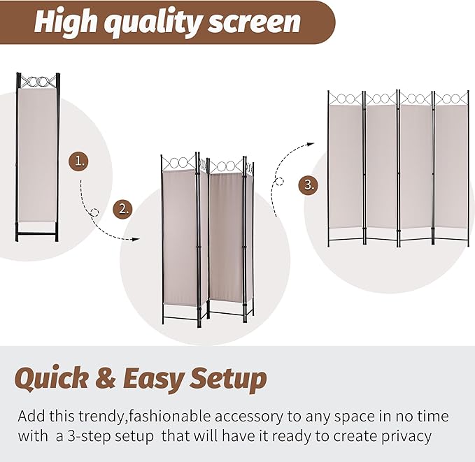 FDW 4 Panel Room Divider and Folding Portable Partition Screen, 6FT Wall Divider Screen for Dorm Bedroom Office, Sand