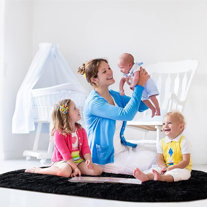 Noahas Fluffy Black Rugs for Bedroom Living Room,2'X5' Oval Throw Rug for Kids Room,Shag Hallway Runner Rug,Small Soft Shaggy Bedside Non-Slip Plush Nursery Dorm Carpet Home Decor Aesthetic