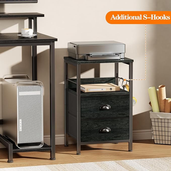 Furologee Nightstands Set 2, Night Stand with 2 Fabric Drawers, Bedside Tables with Open Shelf, Wooden Top, Hooks, Backboard Design, Metal Frame, End Tables for Bedroom/Living Room/Study/Black Oak