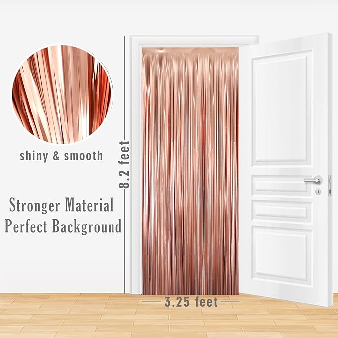 GOER 6.4 ft x 8.2 ft Metallic Tinsel Foil Fringe Curtains,Pack of 2 Party Streamer Backdrop for Birthday,Graduation Decorations and New Year Eve (Matte Rose Gold,Thick Material)