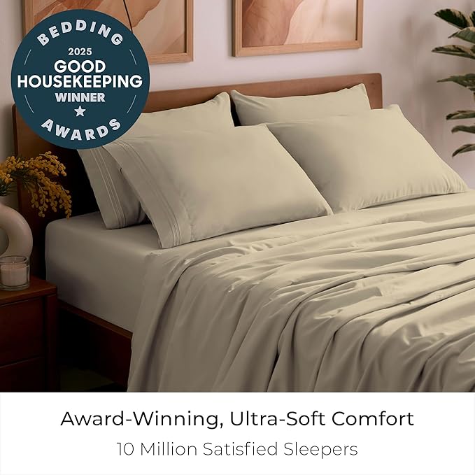 Mellanni California King Sheet Set - 6-Piece Iconic Collection Bedding, (Including 4 Pillowcases), 21-Inch Extra Deep Pocket, Easy Care, Ultra Soft, Cooling Sheets, Brushed Microfiber - New Beige
