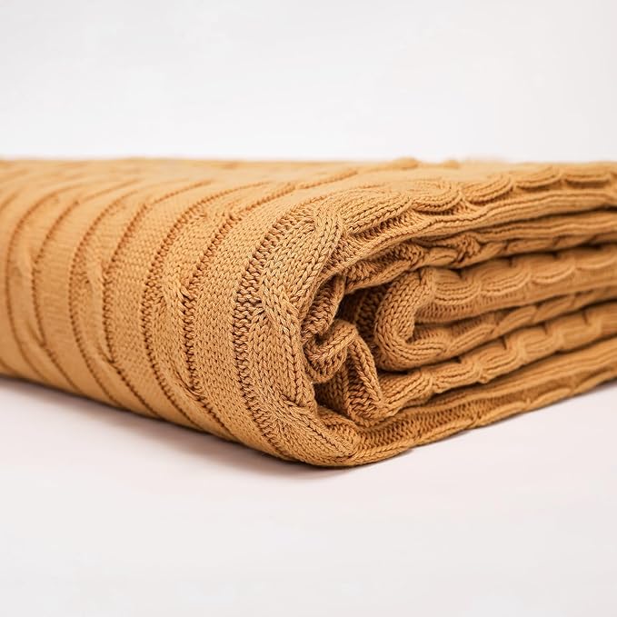 100% Cotton Cable-Knit Throw Blanket: 60" x 70", Ultra Soft, Breathable, All-Season Comfort & Versatility, Ideal for Couch, Bed, Travel and Gifting (Camel)