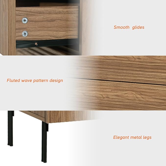 WAMPAT 31.5" W Fluted Dresser for Bedroom, Modern 3 Drawer Dresser TV Stand with Hidden Handles, Wooden Chest of Drawers Closet Clothes Storage Organizer for Bedroom, Living Room, Light Walnut