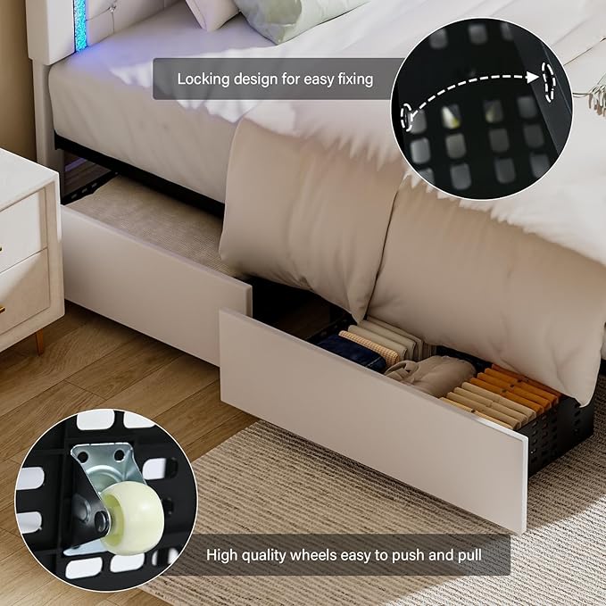 BarnFurin Queen Bed Frame with LED Lights, Upholstered Bed Frame with Storage Drawers, Princess Platform Bed with Diamond Headboard and Footboard, No Box Spring Needed, White
