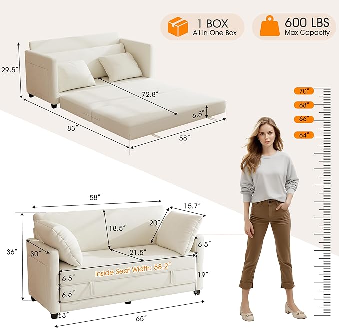 65" Loveseat Sleeper Sofa Bed, Chenille Convertible Sofa Bed for Small Spaces, Folding Couch Bed with Deep Seat, Solid Frame, Pull Out Floor Couches for Living Room, Beige